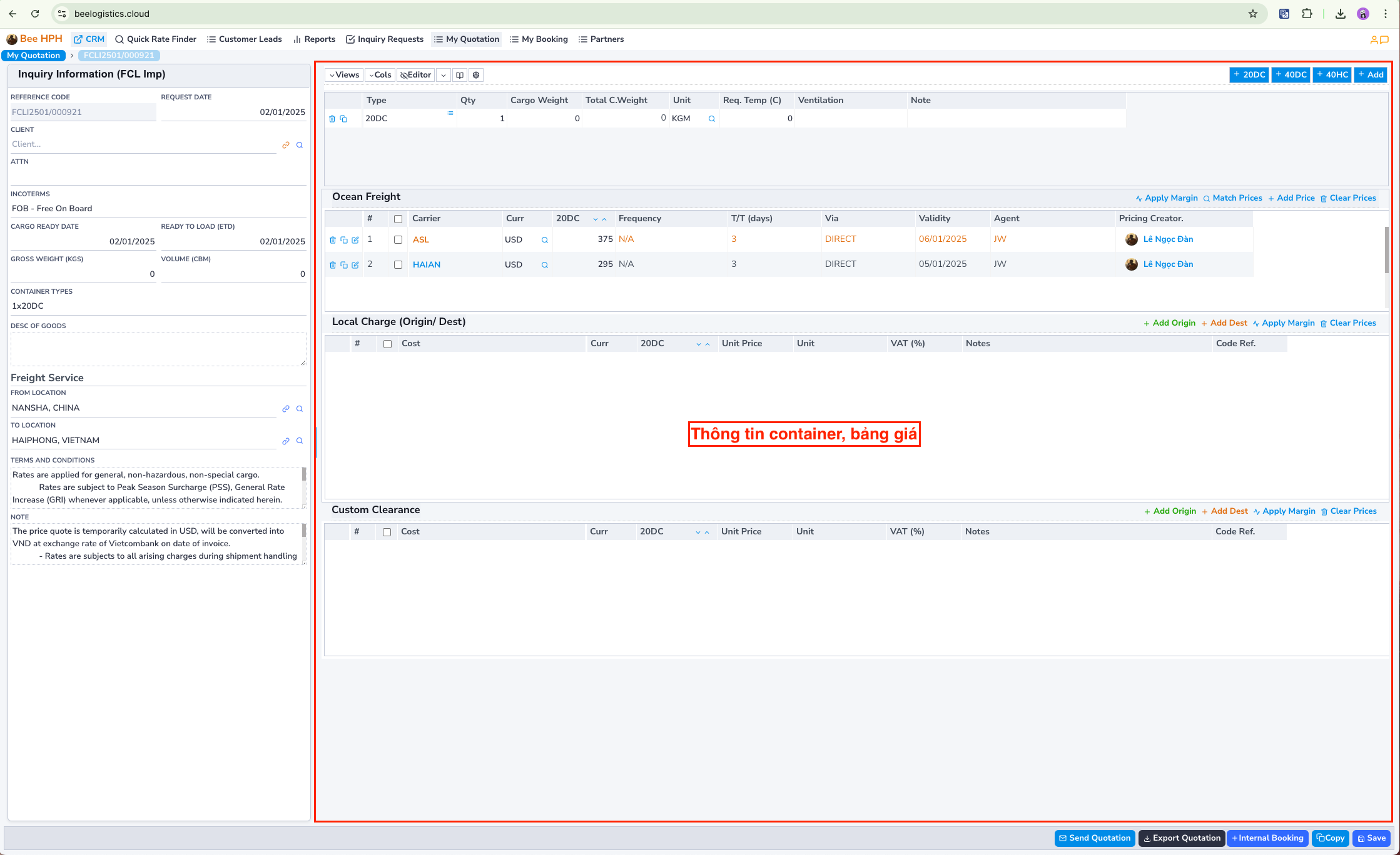 Placeholder for Container/ Quote List